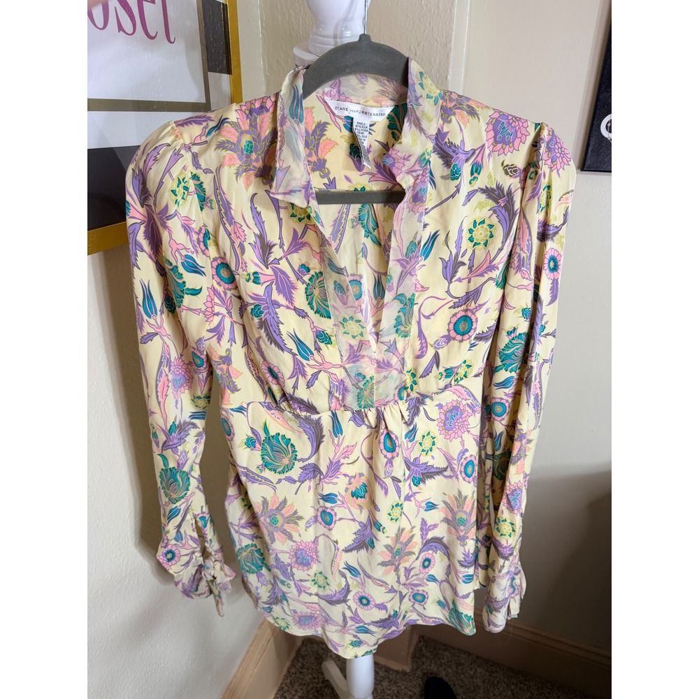 Diane von Furstenberg DVF Silk Floral Paisley V-Neck Blouse Yellow Purple Large